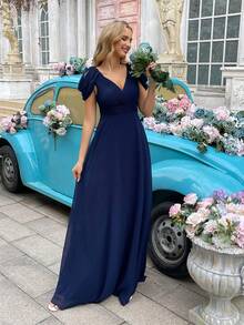 QOQ Elegant Flowing Navy Blue V-Neck Chiffon Bridesmaid Gowns Dresses - Navy Blue - View 4