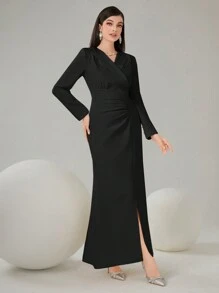 Modelyn High-Collar Waist-Cinching Fish-Tail Dress With Front Split Long Evening Dresses - Black - View 3