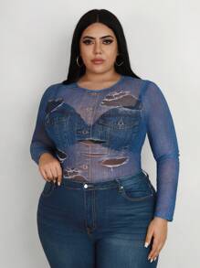 SHEIN CURVE+ 大码牛仔效果图案长袖上衣 - 彩色 - 查看 4