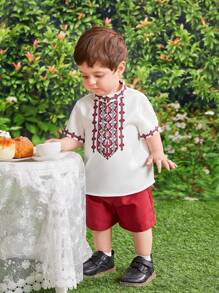 SHEIN 寶寶男童夏季假期幾何印花立領短袖上衣