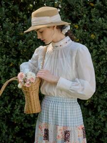 Simple Retro 女士刺繡花朵高領長袖襯衫 - 白色 - 查看 3