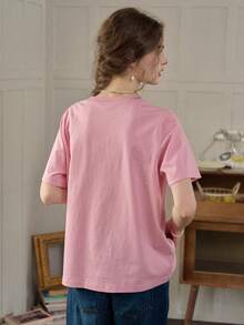 Simple Retro 1pc Women Butterfly & Letter Print Casual T-Shirt - Pink - View 2