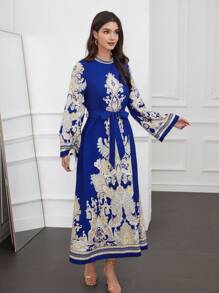 Al Najma Women's Abstract Print Stand Collar Long Sleeve Belted Dress - Multicolor - View 5