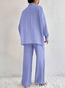 SHEIN LUNE 純色紋理落肩襯衫和直筒褲 - 淺藍色 - 查看 2