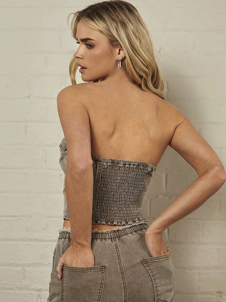 Workwear Style Cross Straps Distressed Denim Bustier Top