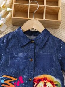 SHEIN Young Girl Lion & Letter Print Short Sleeve Shirt