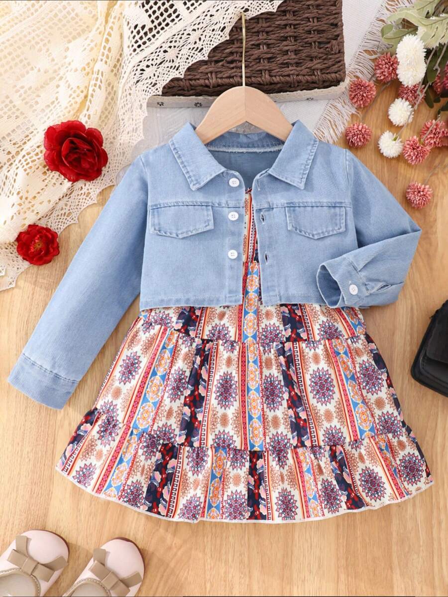 Baby Girl Flap Detail Jacket & Floral Print Slip Dress - Multicolor - View 1