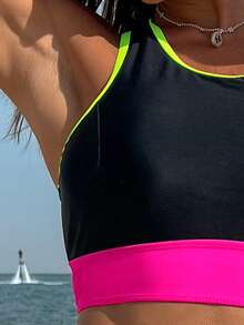 SHEIN Swim Women's Color Block Neon Beach Outfit Tankini Set Swunsuit Bathing Suit Summer - Multicolor - View 4
