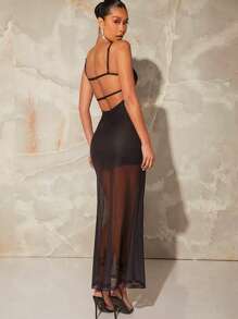 Hauture Rose Print Mesh Splice Cami Dress