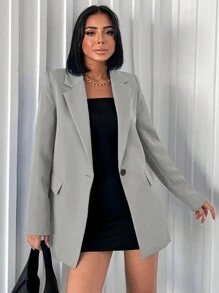 EURMUSE Women's Notched Lapel Single Button Blazer Jacket - Grey - View 5