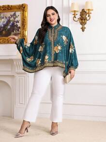 Mulvari Plus Size Floral Print Button Front Batwing Sleeve Shirt