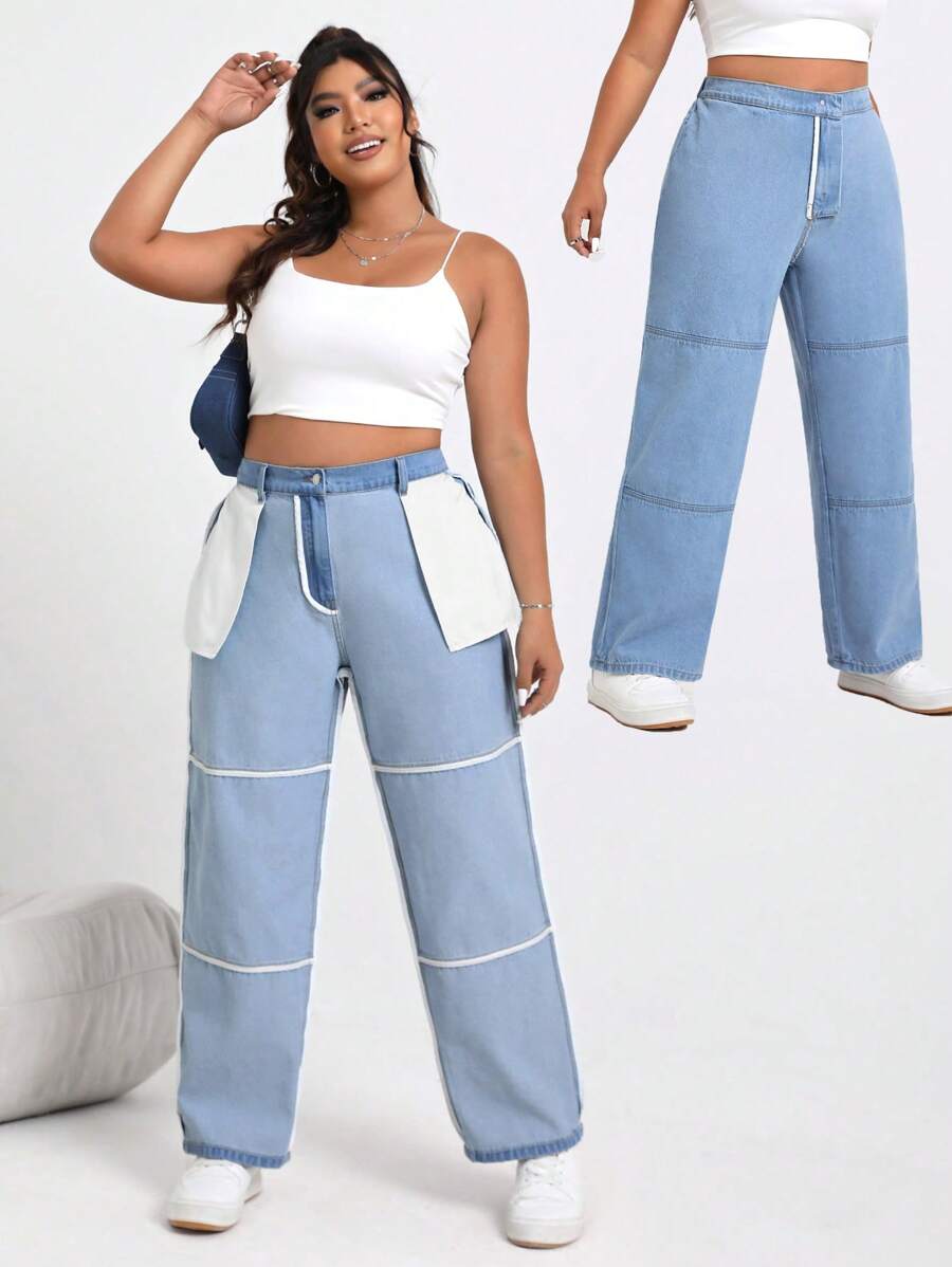 SHEIN EZwear 大碼兩面可穿著牛仔褲,帶口袋 - 中等水洗藍 - 查看 1