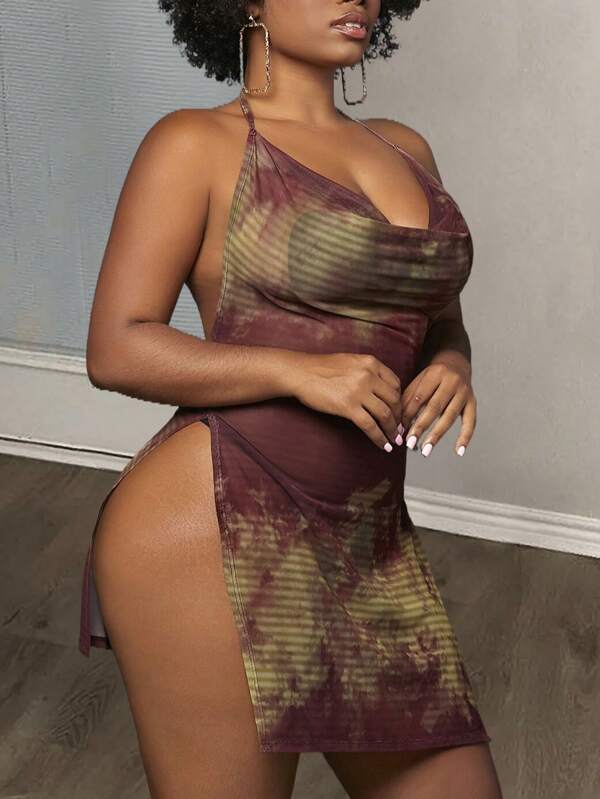 Slaydiva Brown & Yellow Tie Dye Mesh See-Through High Slit Halter Backless Bodycon Mini Dress For Women