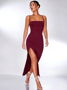 SHEIN BAE Dệt kim Màu thuần Trở lại Thánh giá Lace-up Khe Đầm - Màu Đỏ Sâu - Xem 2