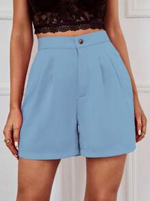 RosyDaze Pantalones Cortos De Mujer Sólido Con Pliegues Y Bolsillos