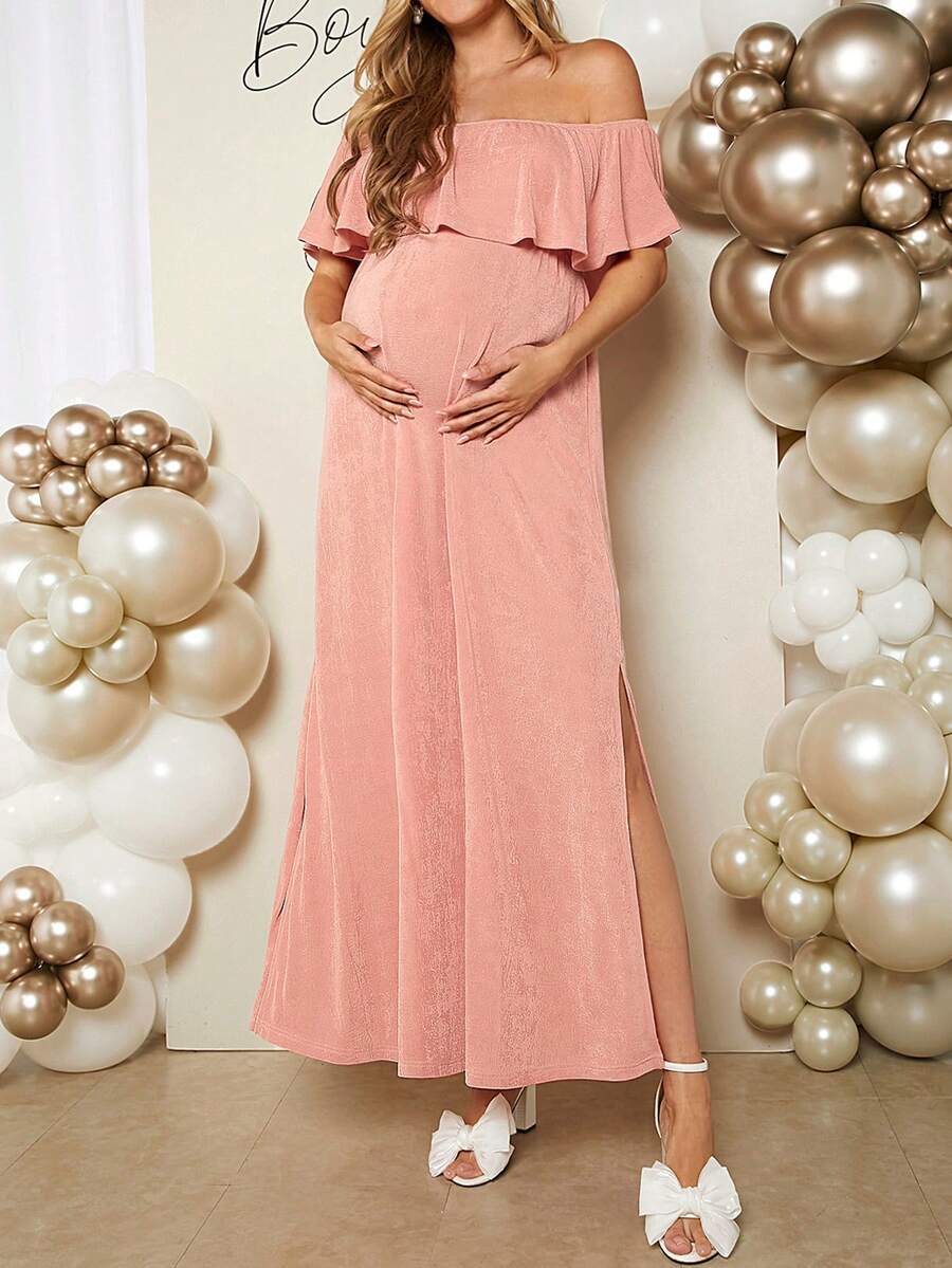 SHEIN Loomaby Maternity Flounce Off Shoulder Long Dress, Casual Elegant