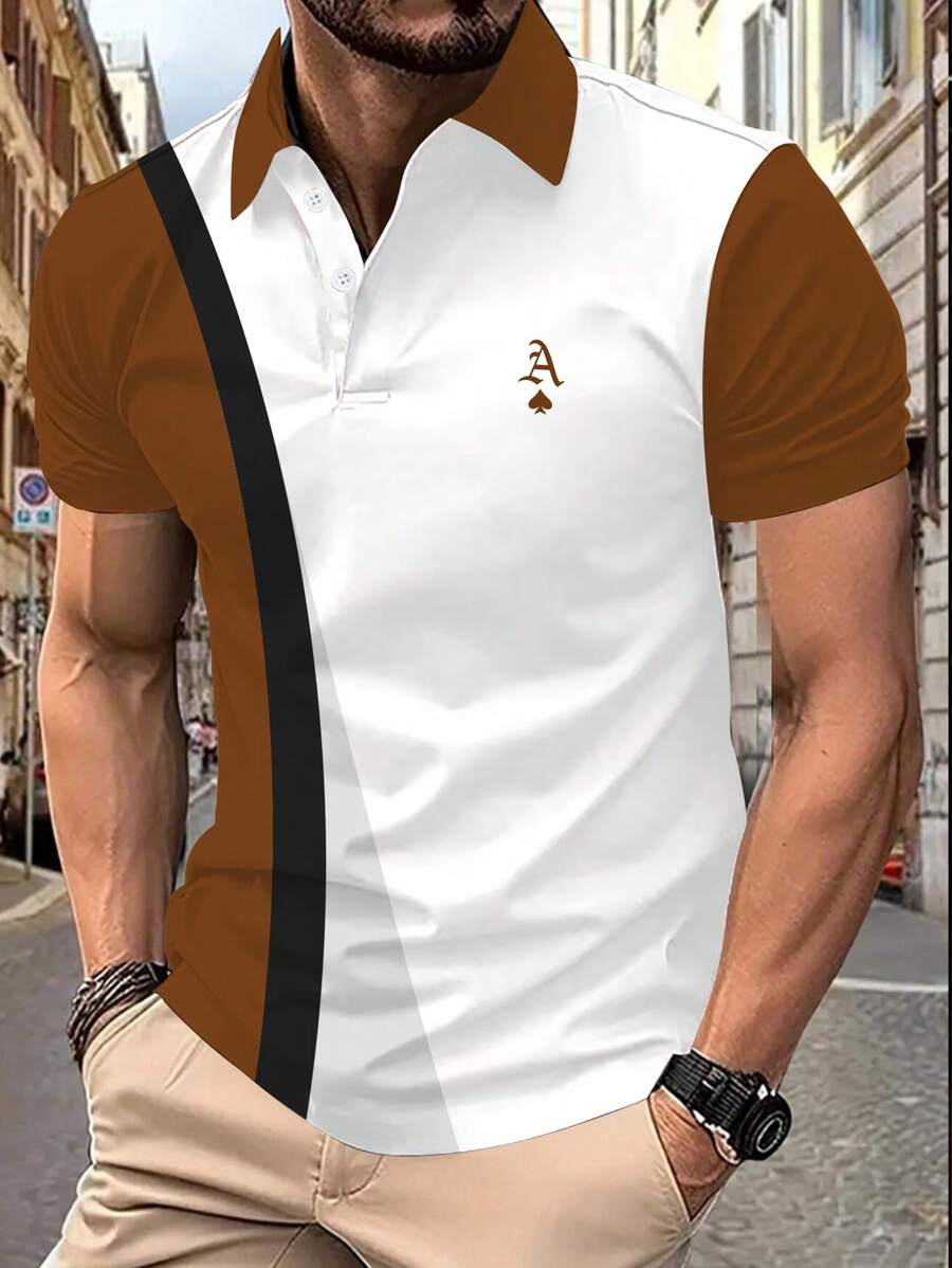 Manfinity Homme Nam Khối màu Họa tiết Xì phé In Ngắn tay Áo polo - Cà phê nâu - Xem 1