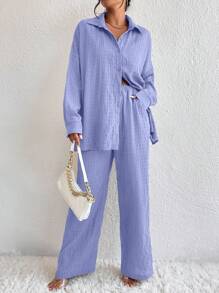 SHEIN LUNE 純色紋理落肩襯衫和直筒褲 - 淺藍色 - 查看 4