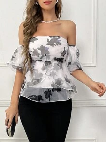 SHEIN Privé Blusa de manga abullonada con hombros descubiertos y estampado floral - Rosa - Ver 3
