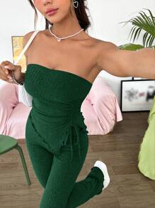 SHEIN Qutie Women's Solid Color Drawstring Asymmetrical Hem Bandeau Top And Bell Bottoms Two Pieces Set