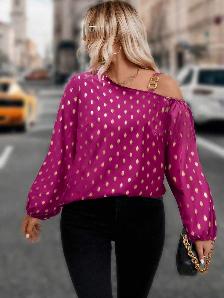 Plus Size Lantern Sleeve Shirt With Asymmetric Collar And Gold Foil Print