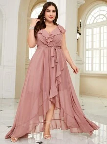Plus Size Asymmetrical Ruffle Waist Belt Chiffon Party Dress - Pink - View 1