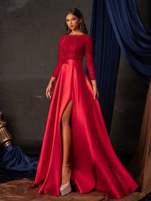 女士亮片缀饰长袖开衩长礼服，高端晚会礼服 - 紅色 - 查看 6