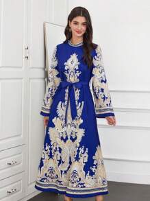 Al Najma Women's Abstract Print Stand Collar Long Sleeve Belted Dress - Multicolor - View 1