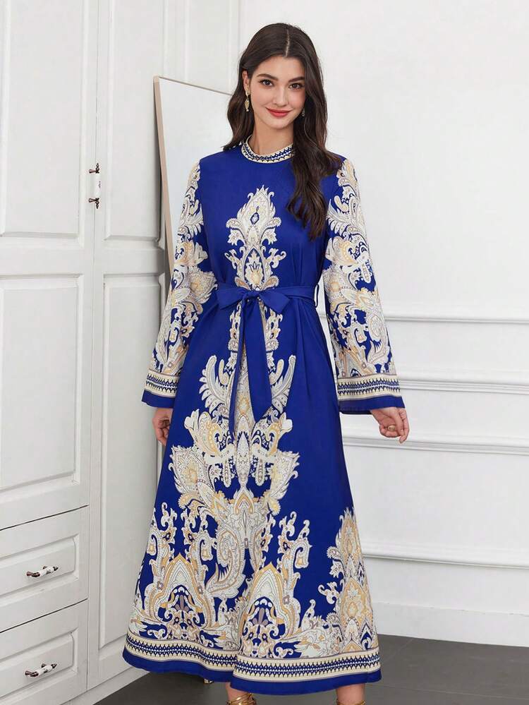 Women's Abstract Print Stand Collar Long Sleeve Belted Dress