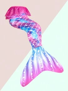 SHEIN Young Girl Mermaid Scale Printed Three-Piece Bikini Set With Ruffle Trim And Split Design, No Lock Edge, Bathing Suit Beach Outfit Swimming Costume Summer Vacation Summer Beach - Multicolor - View 5