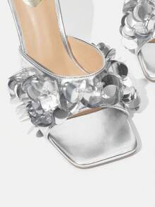 時尚性感銀色亮片設計女士春夏開趾高跟涼鞋 - 銀色 - 查看 6