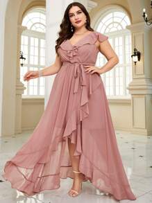 Plus Size Asymmetrical Ruffle Waist Belt Chiffon Party Dress - Pink - View 3