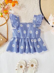 SHEIN Baby Girl's Casual Summer Vacation Floral & Plaid Pattern Cap Sleeve Top Mommy And Me Matching Outfits( 2 Pieces Are Sold Separately) - Blue - View 3