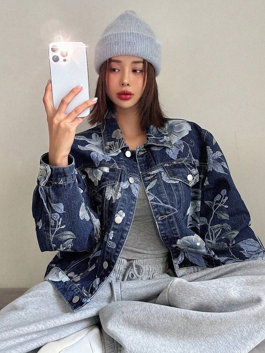 DAZY Ladies' Floral Printed Denim Jacket - Medium Wash - View 1
