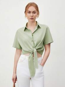 BizChic Camisa Abotonada De Color Liso Con Dobladillo Delantero Anudado - Verde - Ver 1