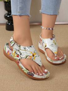 Bohemian Style Comfortable Slip-On Wedge Sandals With Toe-Loop, Colorful Stitching And Buckle Design For Women (Polyurethane Sole With Small Holes) - Random Color - White - View 3