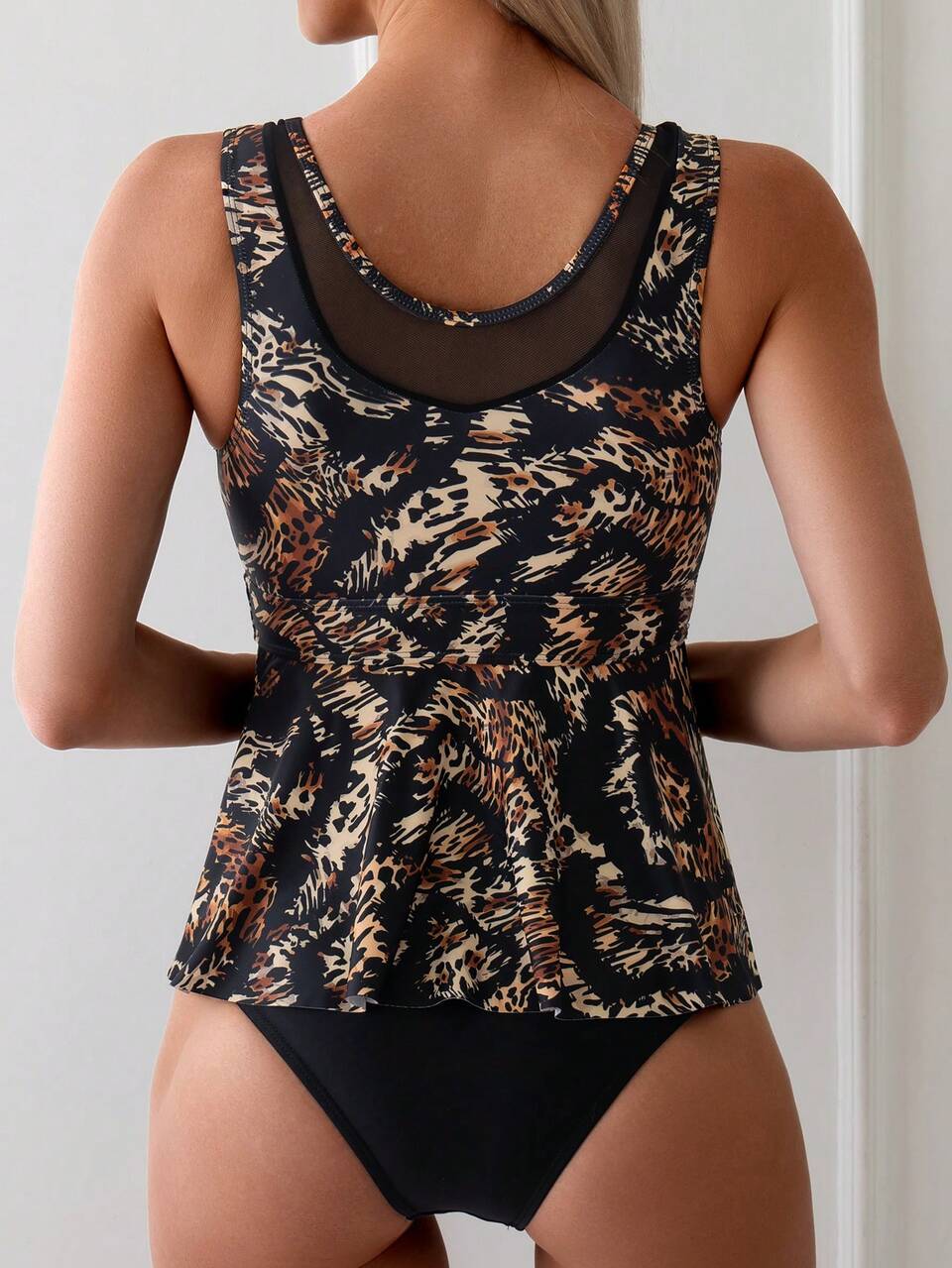 Random Printed Long Tank Tankini With Mesh Contrast And Tiger Pattern Summer