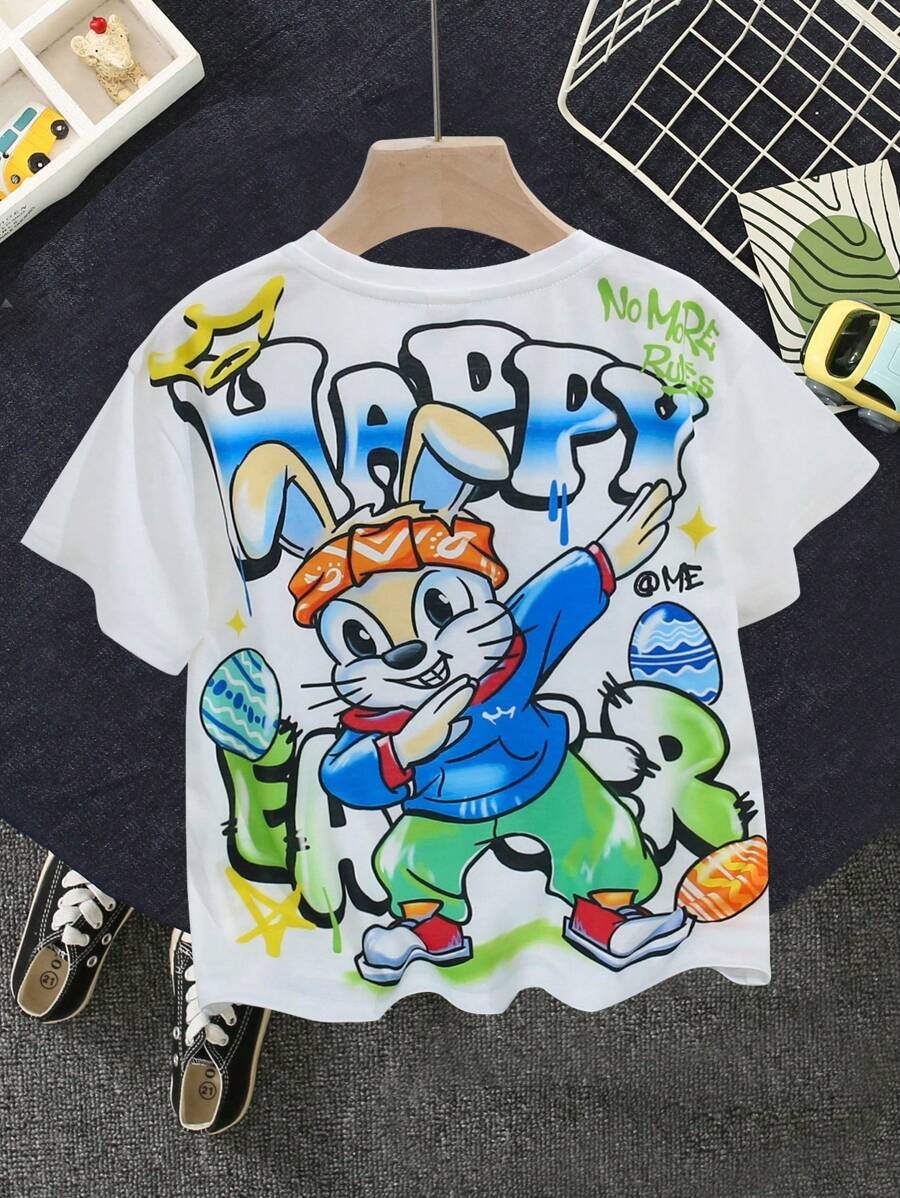 SHEIN 1件年輕男孩休閒可愛的街頭兔子和字母印花短袖t恤,舒適透氣,適用於春夏季 - 白色 - 查看 1