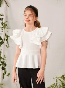 SHEIN Tween Girl Elegant And Stylish Round Neck Plain T-Shirt With Pleated Ruffle Hem Detail - White - View 8