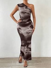 SHEIN Privé Vestido Semi-formal De Moda Para Mujeres Con Corte Aleatorio Y Estampado De Tinta - Gris - Ver 6