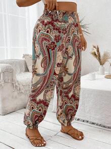 SHEIN Clasi 大碼女士花印高腰打結踝闊腳運動褲 - 彩色 - 查看 4