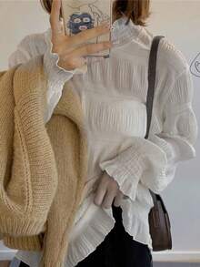 女士纯色蕾丝边休闲海滩/度假风格衬衫、长袖上衣