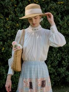 Simple Retro 女士刺繡花朵高領長袖襯衫 - 白色 - 查看 5