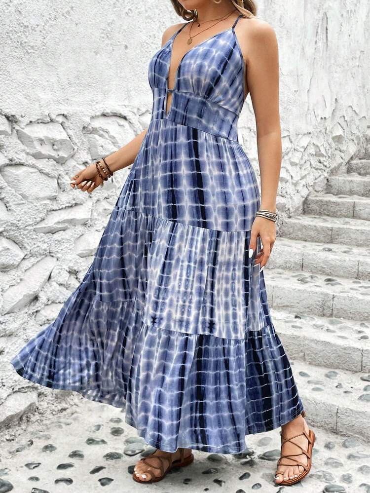 Plus Size Tie-Dye Cross Back Halter Neck Dress