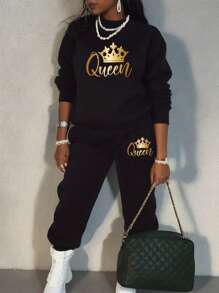 INAWLY 2pcs/set Crown & Letter Printed Sweatshirt Two-piece Outfit - Black - View 1