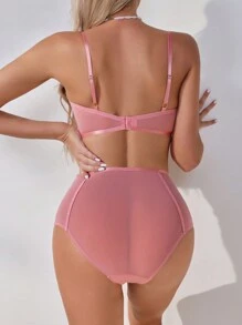 Women's Bra & Panty Lingerie Set With Rhinestone Decoration - Pink - View 2