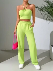 SHEIN EZwear Conjunto De Top Halter De Color Sólido Y Pantalones Para Mujer - Verde - Ver 4
