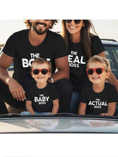 SHEIN 年轻女孩家庭亲子装，休闲简约字母印花短袖T恤，适合夏季穿着