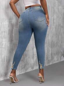 Slaydiva Plus Size Stretchy Ripped Skinny Jeans - Blue - View 2