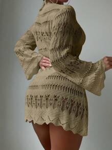 SHEIN Swim Summer Beach Solid Color Knitted Hollow Out Flare Sleeve Cover Up - Khaki - View 2